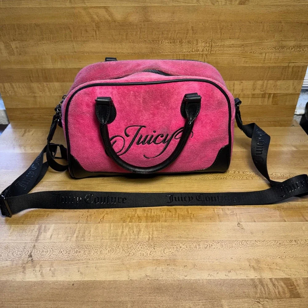 Juicy Couture Hot Pink Velour Bowler Bag Crossbody Y2K Logo Satchel Handbag